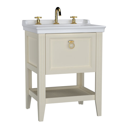 VitrA Valarte Tek Çekmeceli Etajerli Lavabo Dolabı, 65 cm, Mat Fildişi (Lavabo Dahil-Krom Kulplu),62188 - 2