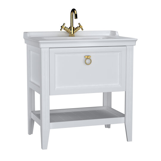 VitrA Valarte Tek Çekmeceli Etajerli Lavabo Dolabı, 80 cm, Mat Beyaz (Lavabo Dahil-Krom Kulplu),62180 - 4