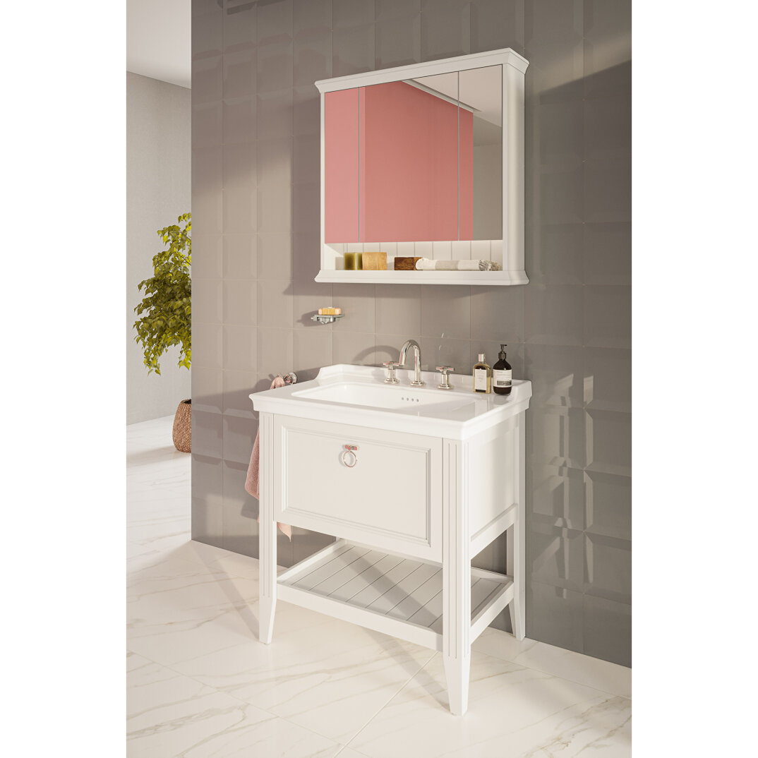 VitrA Valarte Tek Çekmeceli Etajerli Lavabo Dolabı, 80 cm, Mat Beyaz (Lavabo Dahil-Krom Kulplu),62180 - 6