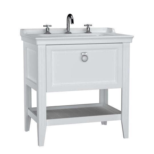 VitrA Valarte Tek Çekmeceli Etajerli Lavabo Dolabı, 80 cm, Mat Beyaz (Lavabo Dahil-Krom Kulplu),62189