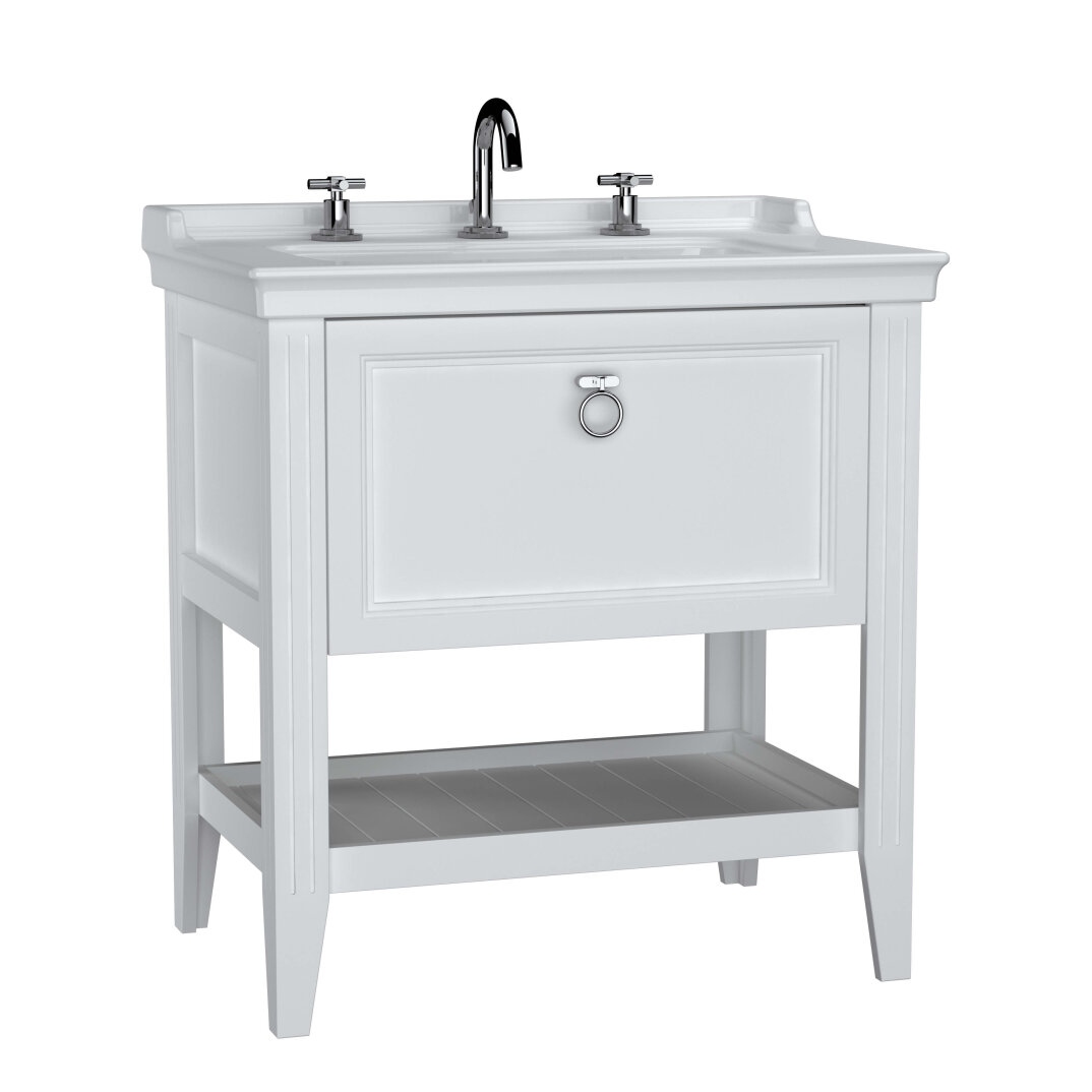 VitrA Valarte Tek Çekmeceli Etajerli Lavabo Dolabı, 80 cm, Mat Beyaz (Lavabo Dahil-Krom Kulplu),62189 - 1