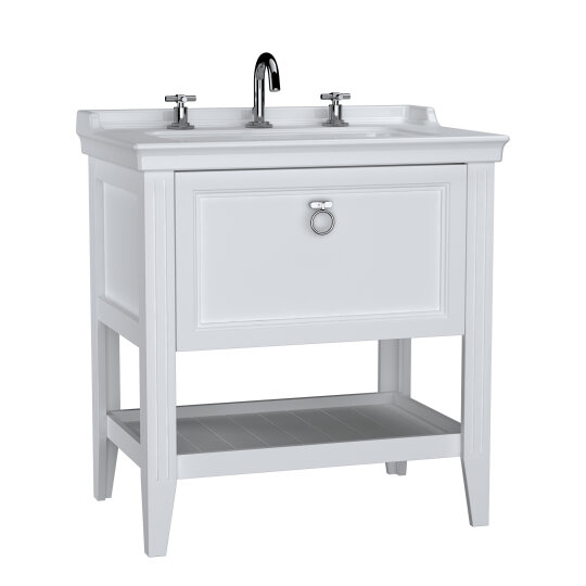 VitrA Valarte Tek Çekmeceli Etajerli Lavabo Dolabı, 80 cm, Mat Beyaz (Lavabo Dahil-Krom Kulplu),62189 - 2