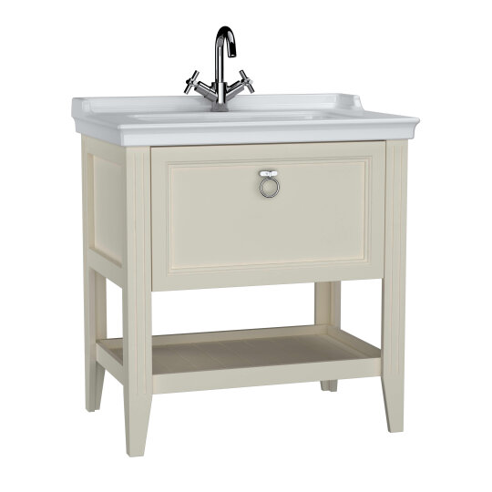 VitrA Valarte Tek Çekmeceli Etajerli Lavabo Dolabı, 80 cm, Mat Fildişi (Lavabo Dahil-Krom Kulplu),62182