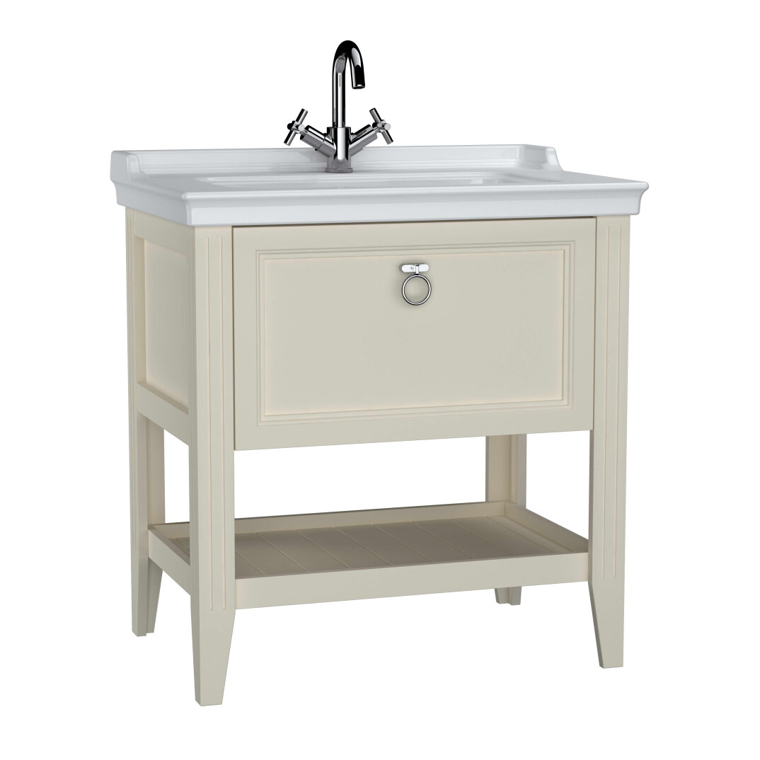VitrA Valarte Tek Çekmeceli Etajerli Lavabo Dolabı, 80 cm, Mat Fildişi (Lavabo Dahil-Krom Kulplu),62182 - 1