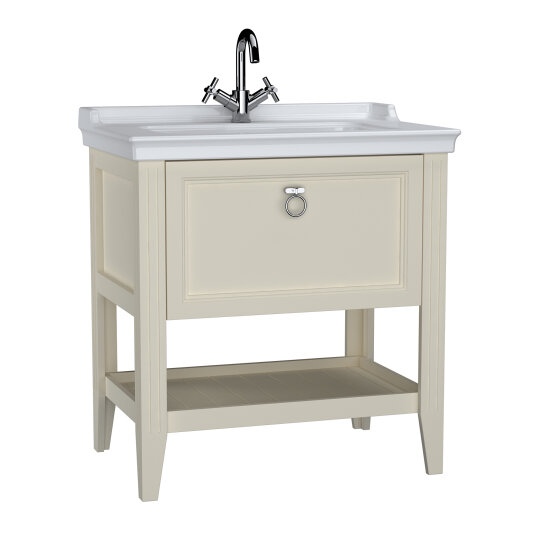VitrA Valarte Tek Çekmeceli Etajerli Lavabo Dolabı, 80 cm, Mat Fildişi (Lavabo Dahil-Krom Kulplu),62182 - 2