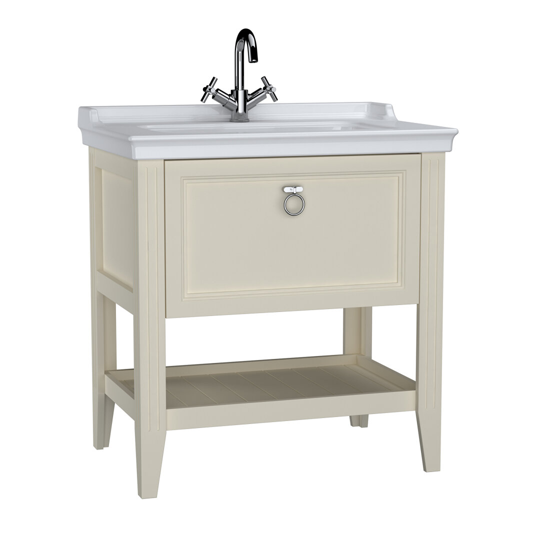 VitrA Valarte Tek Çekmeceli Etajerli Lavabo Dolabı, 80 cm, Mat Fildişi (Lavabo Dahil-Krom Kulplu),62182 - 2