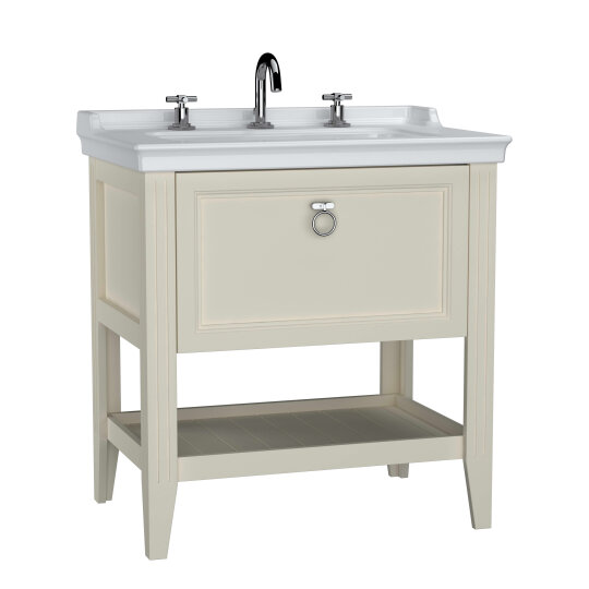VitrA Valarte Tek Çekmeceli Etajerli Lavabo Dolabı, 80 cm, Mat Fildişi (Lavabo Dahil-Krom Kulplu),62191