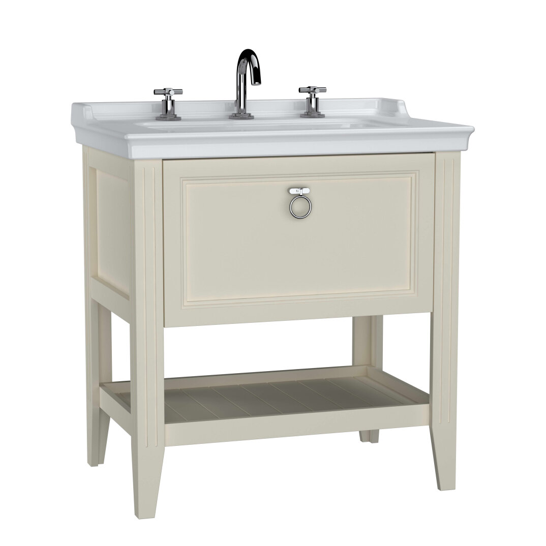 VitrA Valarte Tek Çekmeceli Etajerli Lavabo Dolabı, 80 cm, Mat Fildişi (Lavabo Dahil-Krom Kulplu),62191 - 1