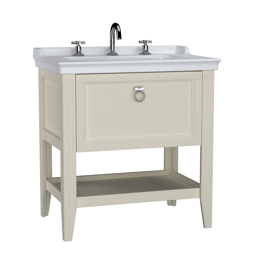 VitrA Valarte Tek Çekmeceli Etajerli Lavabo Dolabı, 80 cm, Mat Fildişi (Lavabo Dahil-Krom Kulplu),62191 - 2