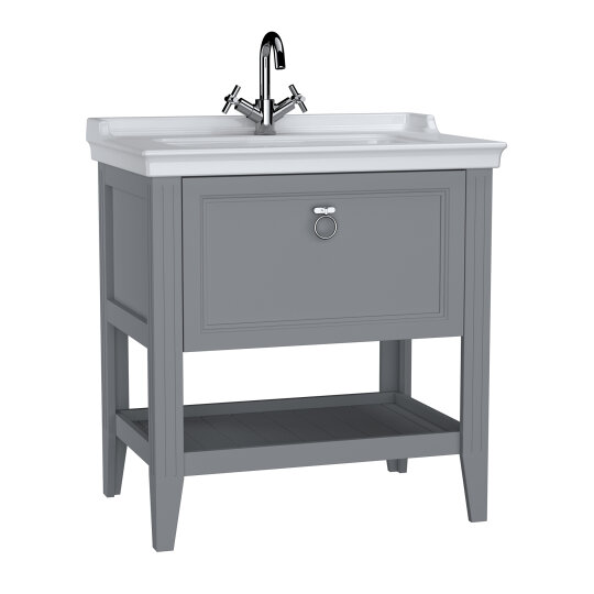 Vitra Valarte Tek Çekmeceli Etajerli Lavabo Dolabı, 80 cm, Mat Gri (Lavabo Dahil-Krom Kulplu), 62181 - 3