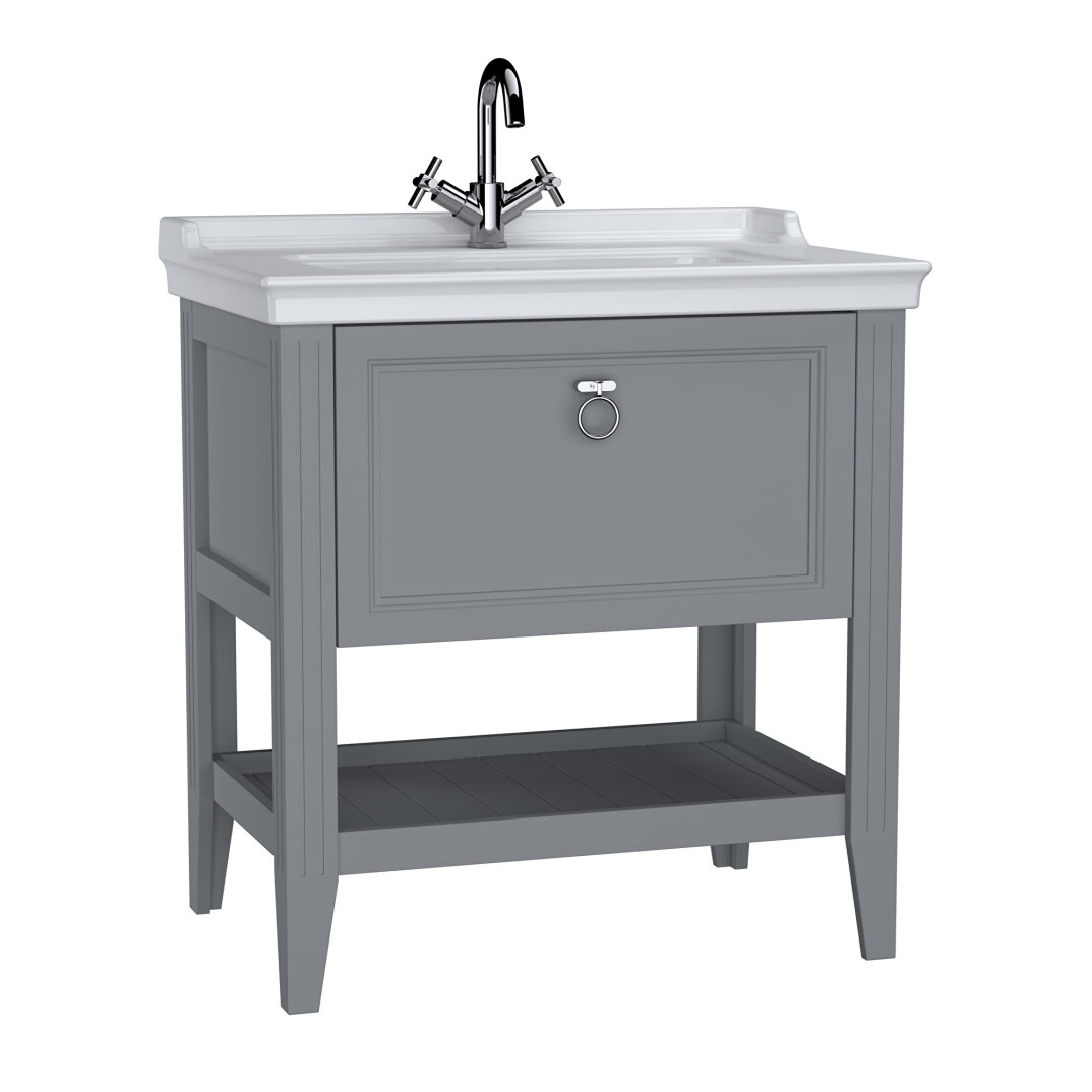 Vitra Valarte Tek Çekmeceli Etajerli Lavabo Dolabı, 80 cm, Mat Gri (Lavabo Dahil-Krom Kulplu), 62181 - 3