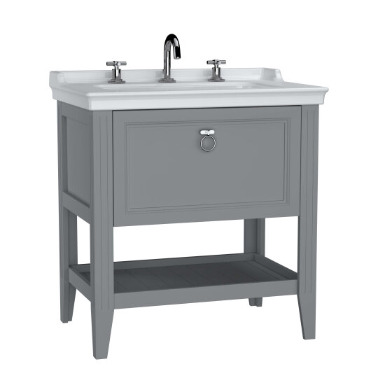 VitrA Valarte Tek Çekmeceli Etajerli Lavabo Dolabı, 80 cm, Mat Gri (Lavabo Dahil-Krom Kulplu),62190