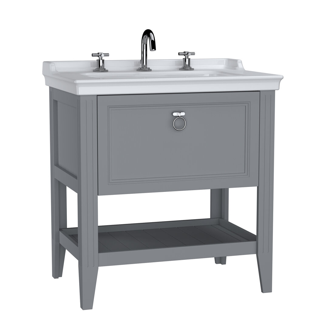 VitrA Valarte Tek Çekmeceli Etajerli Lavabo Dolabı, 80 cm, Mat Gri (Lavabo Dahil-Krom Kulplu),62190 - 2
