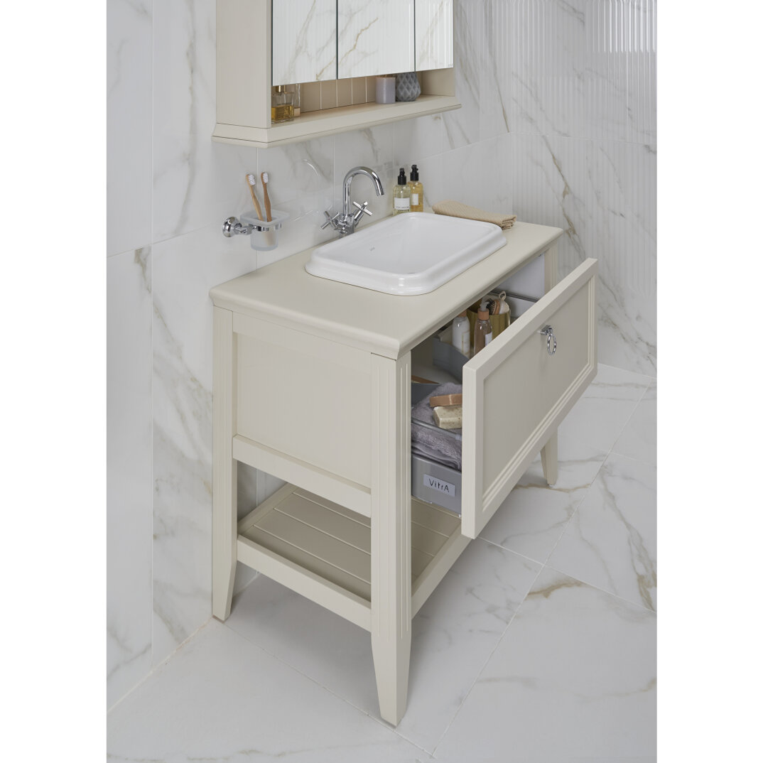VitrA Valarte Tek Çekmeceli Tezgah Üstü Lavabo Dolabı, 100 cm, Mat Beyaz (Lavabo Dahil-Krom Kulplu),62198 - 9